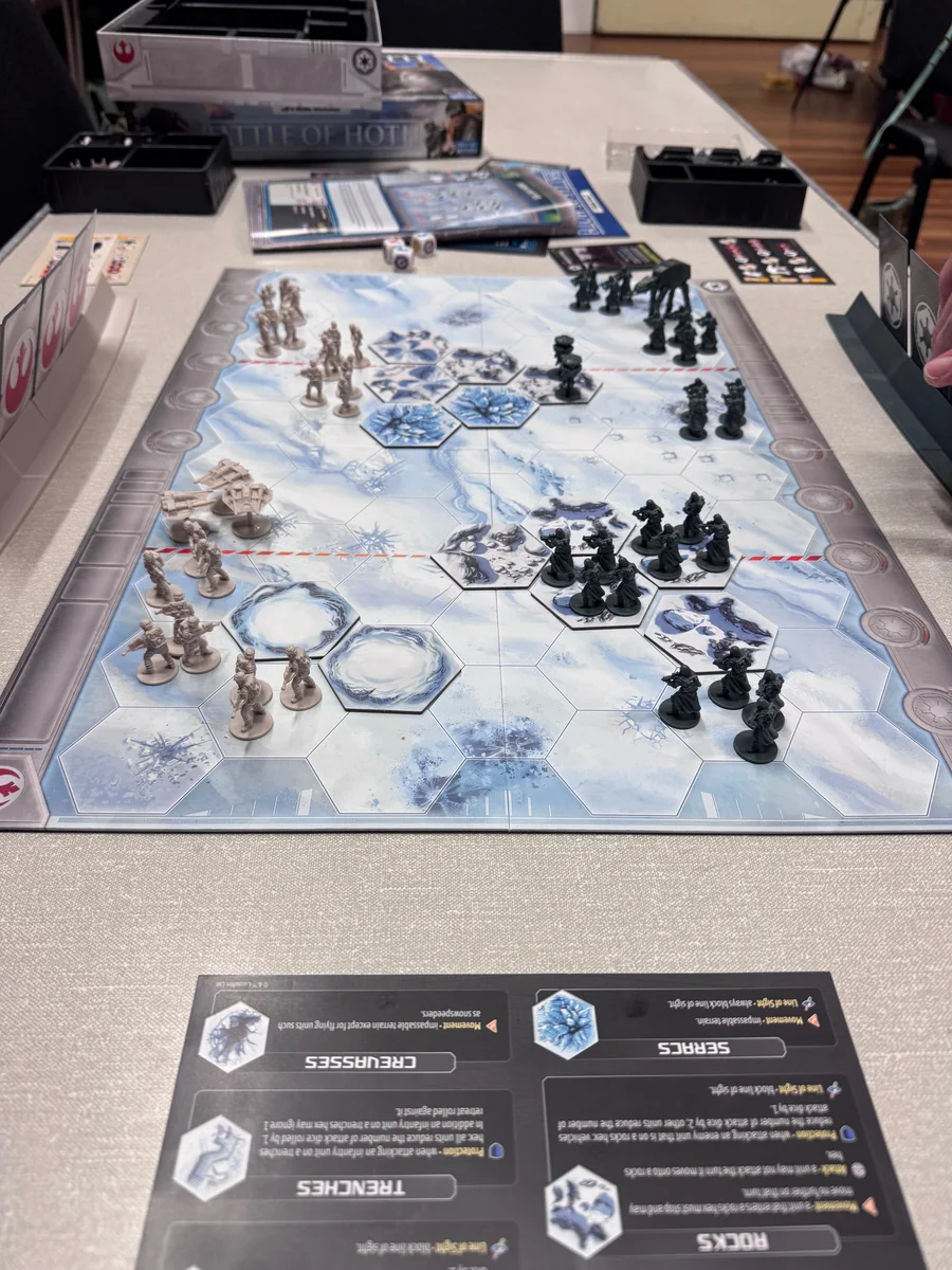 A miniature battle board game on an icy map